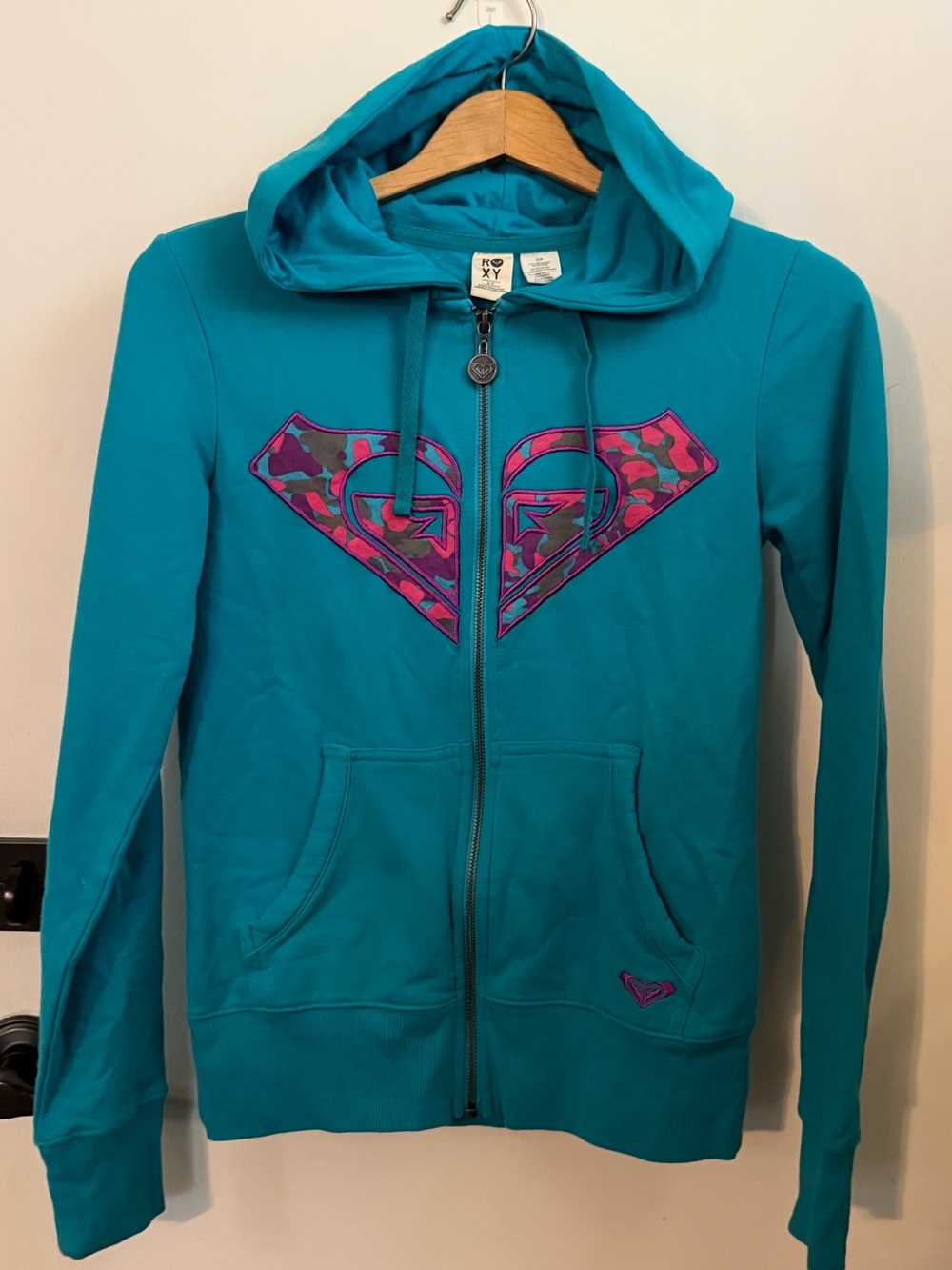 Roxy Teal Full-Zip Hoodie with Pink, Purple and Green Roxy Logo